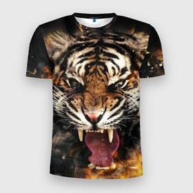 Мужская футболка 3D Slim с принтом Оскал тигра в Екатеринбурге, 100% полиэстер с улучшенными характеристиками | приталенный силуэт, круглая горловина, широкие плечи, сужается к линии бедра | 