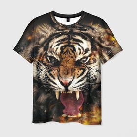 Мужская футболка 3D с принтом Оскал тигра , 100% полиэфир | прямой крой, круглый вырез горловины, длина до линии бедер | Тематика изображения на принте: 