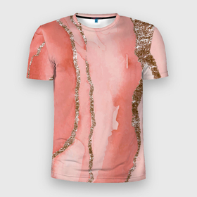 Мужская футболка 3D Slim с принтом Розовое золото акварель в Новосибирске, 100% полиэстер с улучшенными характеристиками | приталенный силуэт, круглая горловина, широкие плечи, сужается к линии бедра | 