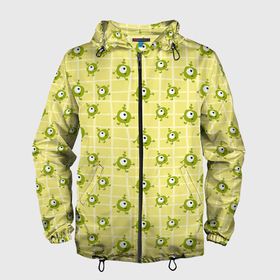Мужская ветровка 3D с принтом Зеленые одноглазые человечки в Тюмени, 100% полиэстер | подол и капюшон оформлены резинкой с фиксаторами, два кармана без застежек по бокам, один потайной карман на груди | Тематика изображения на принте: 