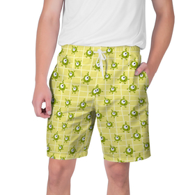 Мужские шорты 3D с принтом Зеленые одноглазые человечки в Тюмени,  полиэстер 100% | прямой крой, два кармана без застежек по бокам. Мягкая трикотажная резинка на поясе, внутри которой широкие завязки. Длина чуть выше колен | Тематика изображения на принте: 