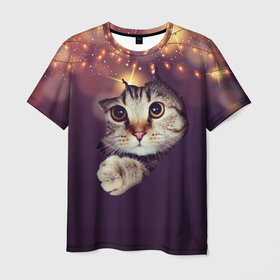 Мужская футболка 3D с принтом Любопытный котик порвал декорации , 100% полиэфир | прямой крой, круглый вырез горловины, длина до линии бедер | 