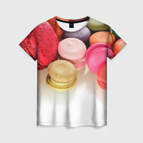 Женская футболка 3D с принтом Разноцветные макаруны в Новосибирске, 100% полиэфир ( синтетическое хлопкоподобное полотно) | прямой крой, круглый вырез горловины, длина до линии бедер | 