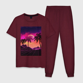 Мужская пижама хлопок с принтом Пальмы и пляж в розовом закате в Екатеринбурге, 100% хлопок | брюки и футболка прямого кроя, без карманов, на брюках мягкая резинка на поясе и по низу штанин
 | 