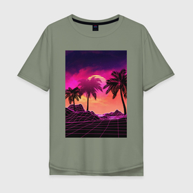 Мужская футболка хлопок Oversize с принтом Пальмы и пляж в розовом закате в Тюмени, 100% хлопок | свободный крой, круглый ворот, “спинка” длиннее передней части | Тематика изображения на принте: 