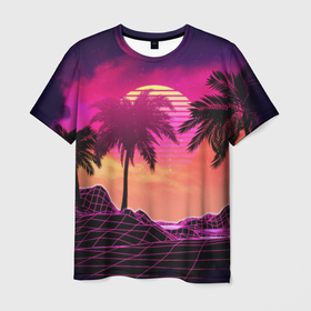 Мужская футболка 3D с принтом Пальмы и пляж в розовом закате ретро дизайн в Кировске, 100% полиэфир | прямой крой, круглый вырез горловины, длина до линии бедер | 