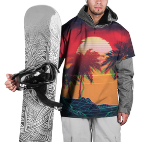 Накидка на куртку 3D с принтом Пальмы и пляж на закате с помехами VHS ретро дизайн в Кировске, 100% полиэстер |  | Тематика изображения на принте: 