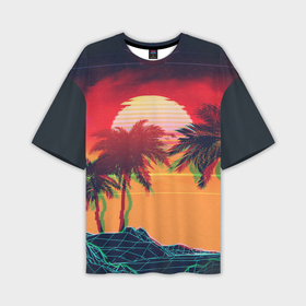 Мужская футболка OVERSIZE 3D с принтом Пальмы и пляж на закате с помехами VHS ретро дизайн ,  |  | 