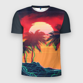 Мужская футболка 3D Slim с принтом Пальмы и пляж на закате с помехами VHS ретро дизайн в Кировске, 100% полиэстер с улучшенными характеристиками | приталенный силуэт, круглая горловина, широкие плечи, сужается к линии бедра | 