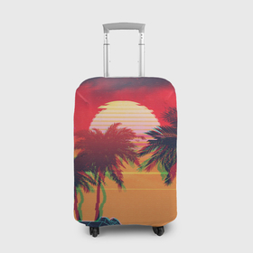 Чехол для чемодана 3D с принтом Пальмы и пляж на закате с помехами VHS ретро дизайн в Кировске, 86% полиэфир, 14% спандекс | двустороннее нанесение принта, прорези для ручек и колес | 