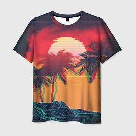 Мужская футболка 3D с принтом Пальмы и пляж на закате с помехами VHS ретро дизайн в Екатеринбурге, 100% полиэфир | прямой крой, круглый вырез горловины, длина до линии бедер | 
