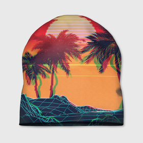 Шапка 3D с принтом Пальмы и пляж на закате с помехами VHS ретро дизайн , 100% полиэстер | универсальный размер, печать по всей поверхности изделия | 