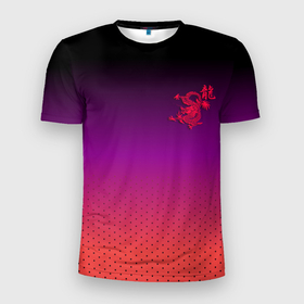 Мужская футболка 3D Slim с принтом Красный дракон на фоне градиента с иероглифом в Екатеринбурге, 100% полиэстер с улучшенными характеристиками | приталенный силуэт, круглая горловина, широкие плечи, сужается к линии бедра | 