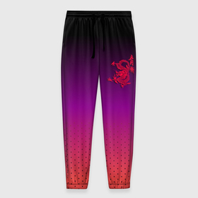 Мужские брюки 3D с принтом Красный дракон на фоне градиента с иероглифом , 100% полиэстер | манжеты по низу, эластичный пояс регулируется шнурком, по бокам два кармана без застежек, внутренняя часть кармана из мелкой сетки | 