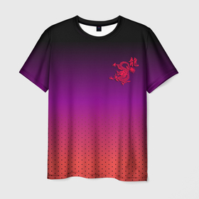 Мужская футболка 3D с принтом Красный дракон на фоне градиента с иероглифом в Екатеринбурге, 100% полиэфир | прямой крой, круглый вырез горловины, длина до линии бедер | 