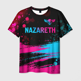 Мужская футболка 3D с принтом Nazareth   neon gradient: символ сверху , 100% полиэфир | прямой крой, круглый вырез горловины, длина до линии бедер | 