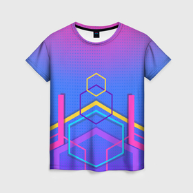 Женская футболка 3D с принтом Многоцветный градиент с геометрическими фигурами в Курске, 100% полиэфир ( синтетическое хлопкоподобное полотно) | прямой крой, круглый вырез горловины, длина до линии бедер | 