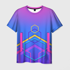 Мужская футболка 3D с принтом Многоцветный градиент с геометрическими фигурами в Кировске, 100% полиэфир | прямой крой, круглый вырез горловины, длина до линии бедер | Тематика изображения на принте: 