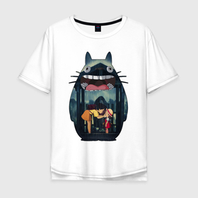 Мужская футболка хлопок Oversize с принтом Totoro   Satsuki  Mei в Екатеринбурге, 100% хлопок | свободный крой, круглый ворот, “спинка” длиннее передней части | 