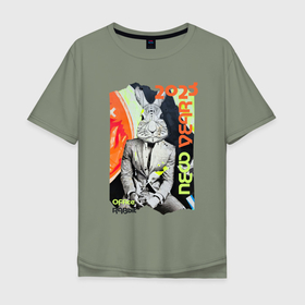 Мужская футболка хлопок Oversize с принтом Новый год 2023: офисный кролик на корпоративе , 100% хлопок | свободный крой, круглый ворот, “спинка” длиннее передней части | 