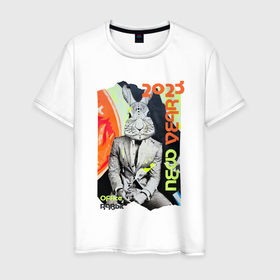 Мужская футболка хлопок с принтом Новый год 2023: офисный кролик на корпоративе в Новосибирске, 100% хлопок | прямой крой, круглый вырез горловины, длина до линии бедер, слегка спущенное плечо. | 