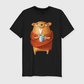 Мужская футболка хлопок Slim с принтом Медвежонок с кофе в Белгороде, 92% хлопок, 8% лайкра | приталенный силуэт, круглый вырез ворота, длина до линии бедра, короткий рукав | 