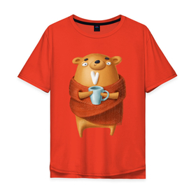 Мужская футболка хлопок Oversize с принтом Медвежонок с кофе в Белгороде, 100% хлопок | свободный крой, круглый ворот, “спинка” длиннее передней части | 