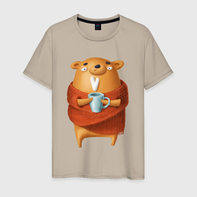 Мужская футболка хлопок с принтом Медвежонок с кофе в Белгороде, 100% хлопок | прямой крой, круглый вырез горловины, длина до линии бедер, слегка спущенное плечо. | 