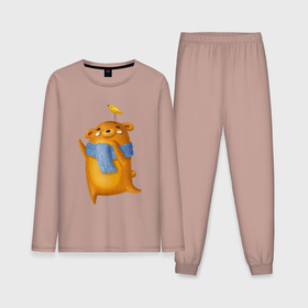 Мужская пижама хлопок (с лонгсливом) с принтом Медведь с птичкой в Курске,  |  | 