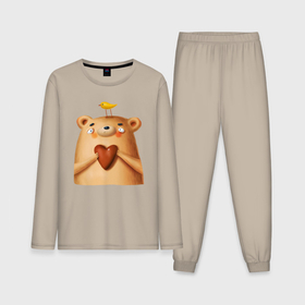Мужская пижама хлопок (с лонгсливом) с принтом Медвежонок с птичкой и сердечком в Кировске,  |  | 