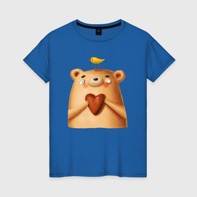 Женская футболка хлопок с принтом Медвежонок с птичкой и сердечком в Новосибирске, 100% хлопок | прямой крой, круглый вырез горловины, длина до линии бедер, слегка спущенное плечо | 