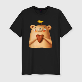 Мужская футболка хлопок Slim с принтом Медвежонок с птичкой и сердечком в Новосибирске, 92% хлопок, 8% лайкра | приталенный силуэт, круглый вырез ворота, длина до линии бедра, короткий рукав | 