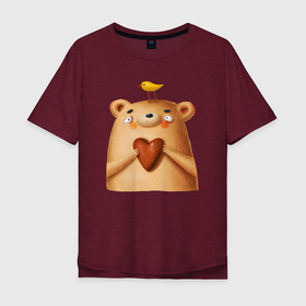 Мужская футболка хлопок Oversize с принтом Медвежонок с птичкой и сердечком в Кировске, 100% хлопок | свободный крой, круглый ворот, “спинка” длиннее передней части | Тематика изображения на принте: 