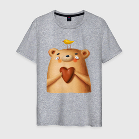 Мужская футболка хлопок с принтом Медвежонок с птичкой и сердечком в Кировске, 100% хлопок | прямой крой, круглый вырез горловины, длина до линии бедер, слегка спущенное плечо. | 