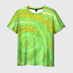 Мужская футболка 3D с принтом Салатовая золотистая абстракция в Тюмени, 100% полиэфир | прямой крой, круглый вырез горловины, длина до линии бедер | Тематика изображения на принте: 