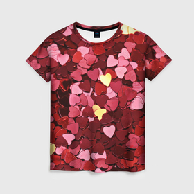 Женская футболка 3D с принтом Куча разноцветных сердечек в Курске, 100% полиэфир ( синтетическое хлопкоподобное полотно) | прямой крой, круглый вырез горловины, длина до линии бедер | 