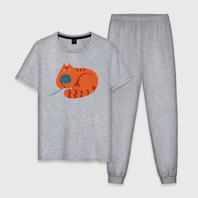 Мужская пижама хлопок с принтом Оранжевый котик с клубком в Санкт-Петербурге, 100% хлопок | брюки и футболка прямого кроя, без карманов, на брюках мягкая резинка на поясе и по низу штанин
 | 