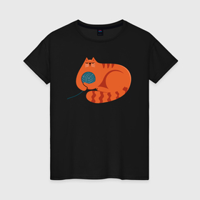 Женская футболка хлопок с принтом Оранжевый котик с клубком в Санкт-Петербурге, 100% хлопок | прямой крой, круглый вырез горловины, длина до линии бедер, слегка спущенное плечо | 
