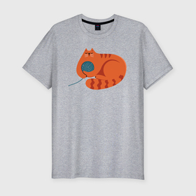 Мужская футболка хлопок Slim с принтом Оранжевый котик с клубком в Санкт-Петербурге, 92% хлопок, 8% лайкра | приталенный силуэт, круглый вырез ворота, длина до линии бедра, короткий рукав | 