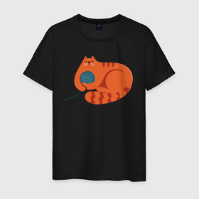 Мужская футболка хлопок с принтом Оранжевый котик с клубком в Санкт-Петербурге, 100% хлопок | прямой крой, круглый вырез горловины, длина до линии бедер, слегка спущенное плечо. | 