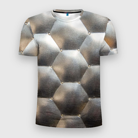 Мужская футболка 3D Slim с принтом Серебристая кожаная обивка шестиугольники в Санкт-Петербурге, 100% полиэстер с улучшенными характеристиками | приталенный силуэт, круглая горловина, широкие плечи, сужается к линии бедра | 