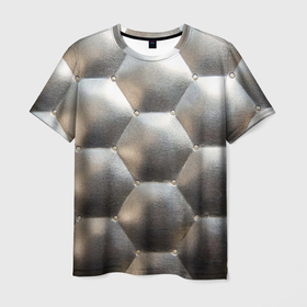 Мужская футболка 3D с принтом Серебристая кожаная обивка шестиугольники в Екатеринбурге, 100% полиэфир | прямой крой, круглый вырез горловины, длина до линии бедер | 