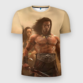 Мужская футболка 3D Slim с принтом Conan Barbarian в Петрозаводске, 100% полиэстер с улучшенными характеристиками | приталенный силуэт, круглая горловина, широкие плечи, сужается к линии бедра | Тематика изображения на принте: 