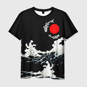 Мужская футболка 3D с принтом Волны и рыбки в Санкт-Петербурге, 100% полиэфир | прямой крой, круглый вырез горловины, длина до линии бедер | Тематика изображения на принте: 