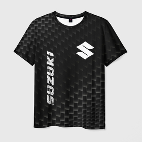 Мужская футболка 3D с принтом Suzuki карбоновый фон , 100% полиэфир | прямой крой, круглый вырез горловины, длина до линии бедер | 