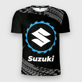Мужская футболка 3D Slim с принтом Suzuki в стиле Top Gear со следами шин на фоне в Новосибирске, 100% полиэстер с улучшенными характеристиками | приталенный силуэт, круглая горловина, широкие плечи, сужается к линии бедра | 