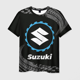 Мужская футболка 3D с принтом Suzuki в стиле Top Gear со следами шин на фоне в Тюмени, 100% полиэфир | прямой крой, круглый вырез горловины, длина до линии бедер | 