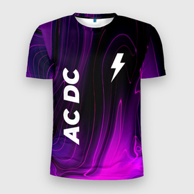 Мужская футболка 3D Slim с принтом AC DC violet plasma в Курске, 100% полиэстер с улучшенными характеристиками | приталенный силуэт, круглая горловина, широкие плечи, сужается к линии бедра | 
