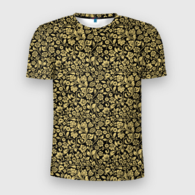 Мужская футболка 3D Slim с принтом Русская роспись   золотая кудрина в Тюмени, 100% полиэстер с улучшенными характеристиками | приталенный силуэт, круглая горловина, широкие плечи, сужается к линии бедра | 