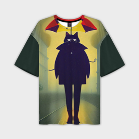 Мужская футболка OVERSIZE 3D с принтом Черный кот в осеннем пальто с разноцветным зонтиком на голове в Курске,  |  | 
